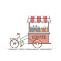 Coffee bicyle. Cart on wheels. Food and drink kiosk . Vector illustration. Flat line art.