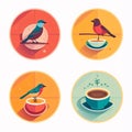 Coffee and birds icons set. Flat design. Vector illustration Royalty Free Stock Photo