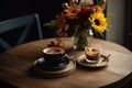 Coffee in a black cup on a wooden table with flowers, A cup of coffee on a wooden table with a fully decorated breakfast spread