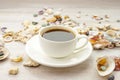 Coffee black hot espresso in white cup, saucer on rustic wooden table with sea shells, pebbles Royalty Free Stock Photo