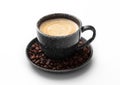 Coffee in black porcelain cup and fresh raw beans on saucer on white background Royalty Free Stock Photo