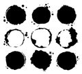 Coffee black stains. Dirty cup splash ring stain or coffee stamp, dirt watercolor latte or tea spots. Coffee ring stain