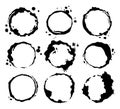 Coffee black stains. Dirty cup splash ring stain or coffee stamp, dirt watercolor latte or tea spots. Coffee ring stain