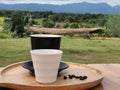 Coffee in black and white ceramic mug Royalty Free Stock Photo