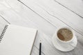 Coffee with blank paper and pencil on white wood table. Royalty Free Stock Photo