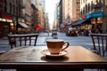 A cup of coffee on the table takes center stage against the city street. tourist in morning in outdoor cafe, breakfast