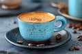 coffee in a blue cup, on a black saucer, in the style of matte background, ceramic. Generative AI