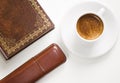 Coffee, book and glasses case. Royalty Free Stock Photo