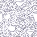 Coffee branch, cup, bean Monoline seamless pattern