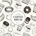 Coffee break banner template. Dessert background. Vector hand drawn seamless pattern. Food vintage style. Can be use for