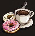 Coffee Break Bliss: A Cup of Coffee and Donuts on a Dark Backdrop. illustration Royalty Free Stock Photo