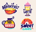 Coffee Break and Breakfast Time Labels Set Isolated on White Background. Cute Doodle Style Icons, Drawing Stickers Royalty Free Stock Photo