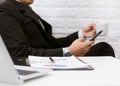 Coffee break businessman executive working relax on laptop his desk Royalty Free Stock Photo