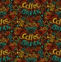 Coffee break. Cake draw by hand, clipped seamless background. Painted by hand ribbon letter Vintage style poster Vector