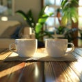 Coffee break camaraderie, mug clink, eyelevel, relaxed ambiance , 3D render