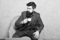 Coffee break concept. Business people. Best coffee served for him. Attractive pensive manager in thoughtful mood. Coffee