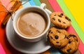 Coffee break concept. Drink with caffeine or cocoa with milk. Coffee on colorful positive background. Cup of coffee with