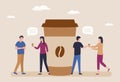 Coffee break concept. Young people, employees, friends drink coffee and talk. Men and women communicate and discuss business Royalty Free Stock Photo