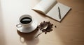 Coffee Break Cup Beans Spoon Notebook and Pen on Table Royalty Free Stock Photo