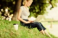 Coffee break on fresh air concept. Caffeine power of nature. Energy charge and refreshment. Coffee cup take away close Royalty Free Stock Photo