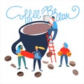 Coffee Break funny sign, sticker. Small people making coffee vector illustration