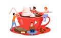 Coffee break, group of tiny characters drink beverage, sitting on giant cup of coffee