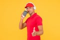 Coffee break. Guy call service worker. Man listen music headphones. Audio guide. Man in headphones drink coffee lunch Royalty Free Stock Photo