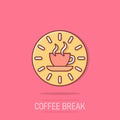 Coffee break icon in comic style. Clock with tea cup cartoon vector illustration on isolated background. Breakfast time splash Royalty Free Stock Photo