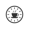 Coffee break icon in flat style. Clock with tea cup vector illustration on white isolated background. Breakfast time business Royalty Free Stock Photo