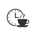 Coffee break icon in flat style. Clock with tea cup vector illustration on white isolated background. Breakfast time business Royalty Free Stock Photo