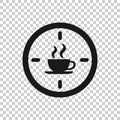 Coffee break icon in flat style. Clock with tea cup vector illustration on white isolated background. Breakfast time business