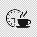 Coffee break icon in flat style. Clock with tea cup vector illustration on white isolated background. Breakfast time business Royalty Free Stock Photo