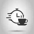 Coffee break icon in flat style. Clock with tea cup vector illustration on white isolated background. Breakfast time business Royalty Free Stock Photo