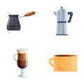Coffee break icons set cartoon vector. Coffee brewing equipment
