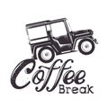 Coffee break label with car