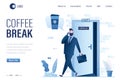 Coffee break landing page template. Open office door, board- exit. Happy male employee dreaming about cup of coffee