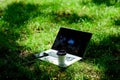 Coffee break outdoors. Summer park. Work and relax in natural environment. Its coffee time. Coffee take away. Laptop