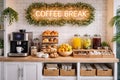 Coffee break station with neon sign, automatic machine, pastries, fresh fruit, and drinks for self serve breakfast buffet Royalty Free Stock Photo