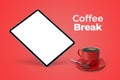 Coffee break text and floating tablet mockup and coffee cup on the red isolated background