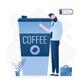 Coffee break time, concept banner. Tired worker hugs big coffee cup. Male office worker with low battery charge