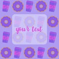 Coffee break time with donuts. Coffee cup and donut top view vector illustration on purple background. Royalty Free Stock Photo