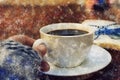 Coffee break time - watercolour digitaly created table with coffee, scarf, book, reading glasses - winter break Royalty Free Stock Photo