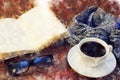 Coffee break time - watercolour digitaly created table with coffee, scarf, book, reading glasses - winter break Royalty Free Stock Photo