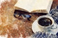 Coffee break time - watercolour digitaly created table with coffee, scarf, book, reading glasses - winter break Royalty Free Stock Photo