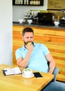 Coffee break to relax. Healthy man care vitamin nutrition during working day. Physical and mental wellbeing concept. Man Royalty Free Stock Photo