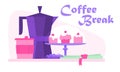 Coffee break vector illustration with a jar of coffee, coffee cup, delicious muffins and a bunch of lavender