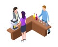 Coffee break. Woman and hot drinks machine. Isometric wine tasting bar counter with bottles and glasses vector Royalty Free Stock Photo