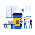 Coffee break at work concept with tiny character. People communicate and discuss business matters flat vector illustration. Royalty Free Stock Photo