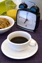 Coffee breakfast and alarm clock Royalty Free Stock Photo