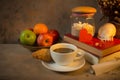 Coffee breakfast,apples and old book with seashell de